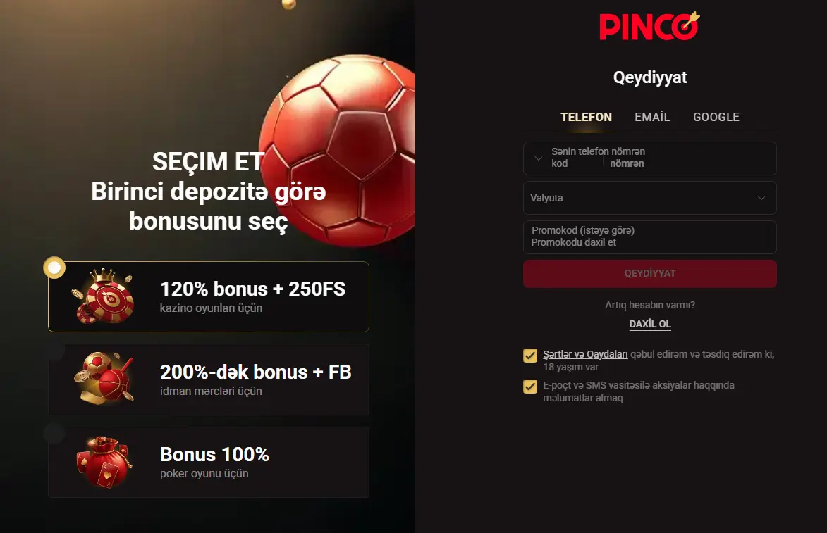 Pinco qeydiyyat Azərbaycan üçün hesab açılışı